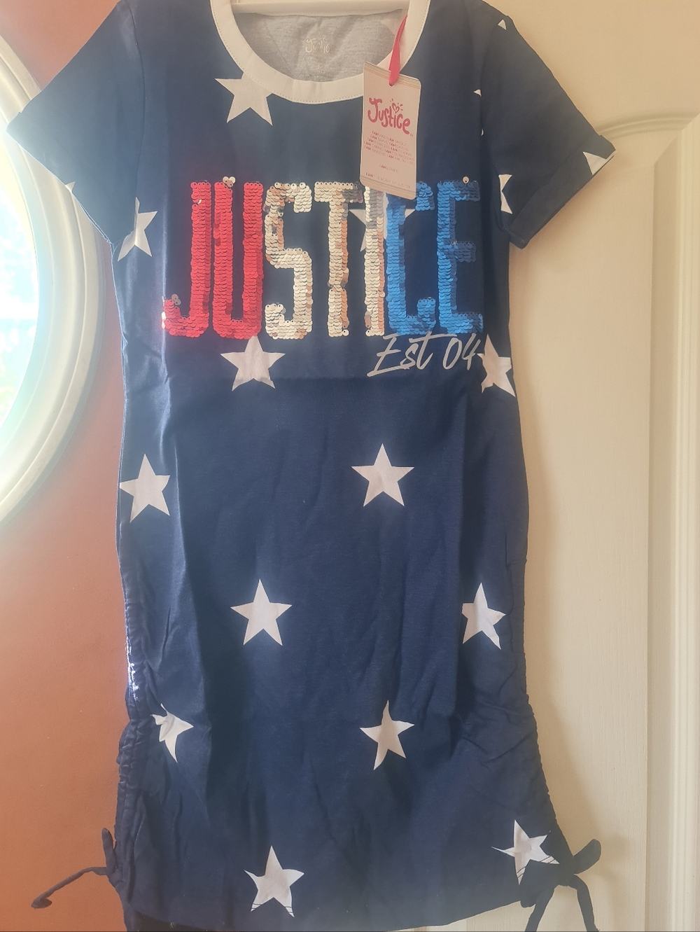 NWT Justice Navy Star Short Sleeve Tee Dress with Red White Blue Sequin Logo